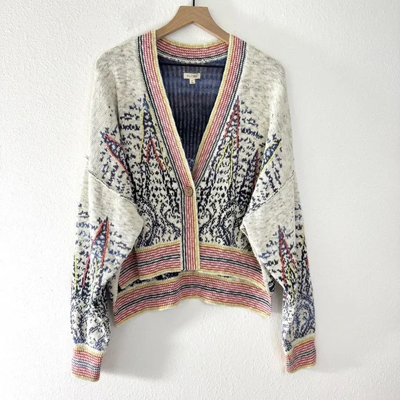 Anthropologie Pilcro Embroidered Cropped Cardigan Sweater Stripe Trim Size XL - Picture 5 of 10